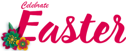 Celebrate Easter text in deep pink with flowers below the letter E.