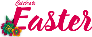 Celebrate Easter text in deep pink with flowers below the letter E.