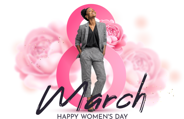 Happy woman looking up in front of the March 8 sign – Happy Women’s Day design element