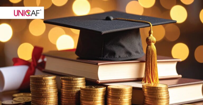 Graduation cap on books and coins.